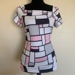 Entry Geometric Color Block Top - Pink, Black, White